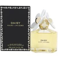 Marc Jacobs Daisy Eau De Toilette 100ml with floral cap, clear bottle, and black box adorned with white daisies.