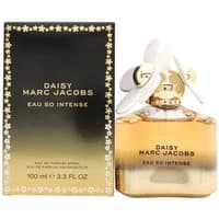 Marc Jacobs Daisy Eau So Intense 100ml perfume with gold cap, white flower accents, and black box with gold floral design.