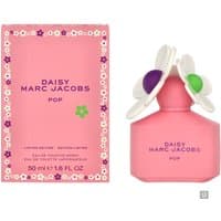 Pink Marc Jacobs Daisy Pop perfume bottle with white flower cap, next to matching pink box with floral border.