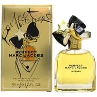Marc Jacobs Perfect Intense Eau De Parfum 50ml with gold cap, bow, and star charm, next to matching gold box.