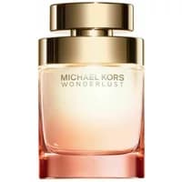 Gold and peach gradient Michael Kors Wonderlust Eau De Parfum bottle with gold cap and logo.