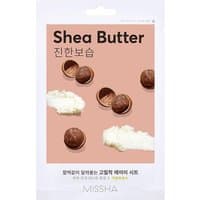 Missha Shea Butter Airy Fit Sheet Mask with shea nuts and butter imagery on white packaging, 20g size.