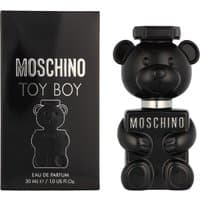Black teddy bear-shaped Moschino Toy Boy Eau de Parfum bottle next to matching box, 30ml size.