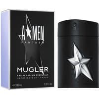 Black Mugler A-Men Fantasm Eau De Parfum 100ml bottle with silver star design, next to matching black box.