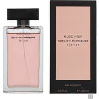 Clear glass bottle with pink perfume, black cap, and matching black box labeled "Musc Noir For Her Eau de Parfum 100ml".