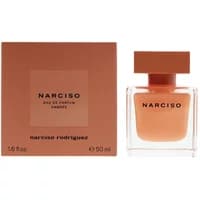Narciso Ambree Eau De Parfum 50ml, amber square bottle with matching cap, next to matching amber box.