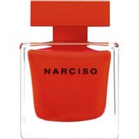 Red Narciso Rodriguez Narciso Rouge Eau de Parfum 90ml bottle with square cap and bold black lettering.