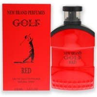 Red New Brand Parfums Golf Red Eau de Toilette 100ml bottle with black cap and matching red box featuring golfer silhouette.