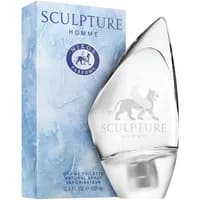 Nikos Sculpture Homme Eau De Toilette 100ml with clear sculpted bottle and blue box featuring a lion logo.