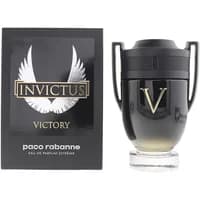 Black trophy-shaped bottle with gold "V" and matching box, Paco Rabanne Invictus Victory Eau De Parfum Extreme 100ml.