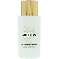 White bottle of Paco Rabanne Lady Million Body Lotion 200ml with gold cap and elegant black and gold lettering.