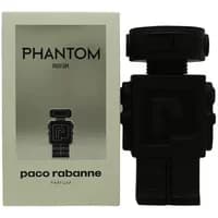 Black robot-shaped Paco Rabanne Phantom Parfum bottle next to beige box with black text.