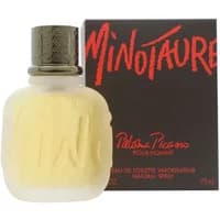 Paloma Picasso Minotaure Pour Homme Eau De Toilette 75ml, frosted bottle with embossed design, black cap, red text box.