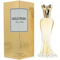 Gold Rush Eau De Parfum 100ml by Paris Hilton, gold box, elegant gold-capped bottle with flowing base design.
