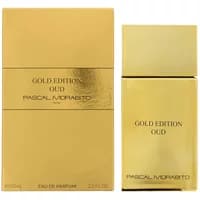 Gold rectangular Pascal Morabito Gold Edition Oud Eau De Parfum bottle and box, 100ml, with sleek minimalist design.