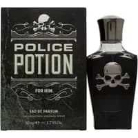 Police Potion For Him Eau De Parfum, black bottle with skull design, chrome cap, next to matching box.