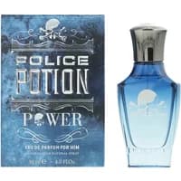 Blue Police Potion Power Eau De Parfum 30ml bottle with skull design, silver cap, next to matching blue box.