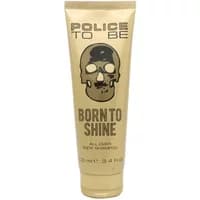 Gold tube of Police To Be Born To Shine Shower Gel, 100ml, with skull graphic and bold black lettering.