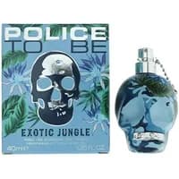 Blue skull-shaped Police To Be Exotic Jungle Eau De Toilette 40ml with floral box design.