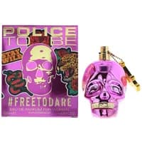 Purple skull-shaped Police perfume bottle with gold accents, next to a vibrant box featuring a skull and snake design.
