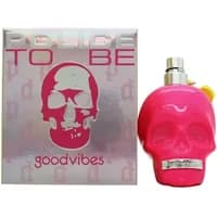 Pink skull-shaped Police To Be GoodVibes perfume bottle with silver cap, next to matching branded box.