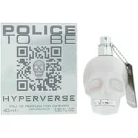 White skull-shaped perfume bottle with silver accents, next to a silver box with QR code and "Police To Be Hyperverse" text.