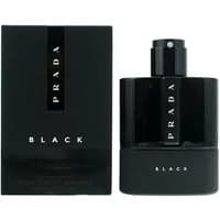 Prada Luna Rossa Black Eau De Parfum 100ml, sleek black bottle with vertical Prada logo and matching box.