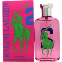 Pink Ralph Lauren Big Pony 2 bottle with green polo player logo, silver cap, next to matching pink box with blue text.