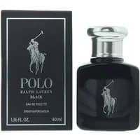 Black Ralph Lauren Polo Black Eau De Toilette 40ml bottle with silver cap and matching box featuring polo player logo.