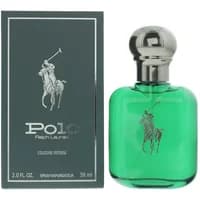 Green Ralph Lauren Polo Cologne Intense bottle with silver cap, beside matching green box with polo player logo.