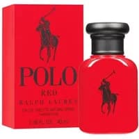 Red Ralph Lauren Polo Red Eau De Toilette bottle with black cap and matching red box featuring polo player logo.