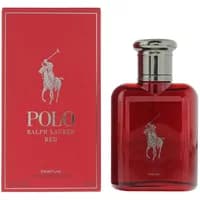 Ralph Lauren Polo Red Parfum 75ml, red bottle with silver cap, featuring polo player logo, matching red box.