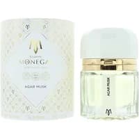 Ramon Monegal Agar Musk Eau De Parfum 50ml, clear glass bottle with white cap, gold accents, and textured white box.