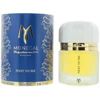 Ramon Monegal Next To Me Eau De Parfum 50ml, clear bottle with gold accents, white cap, blue cylindrical box.