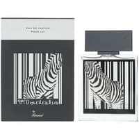 Rasasi Rumz Al Rasasi 9325 Pour Lui Eau De Parfum 50ml, clear bottle with zebra barcode design and black cap.