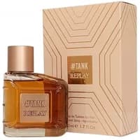 Rectangular amber perfume bottle with bronze cap, labeled "#TANK Replay," next to matching geometric patterned box.