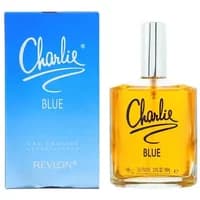 Revlon Charlie Blue Eau Fraiche 100ml, clear glass bottle with silver cap, blue box with white text.