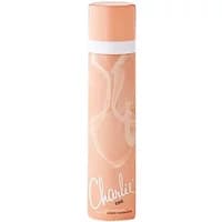 Peach-colored Revlon Charlie Chic body spray, 75ml, with white cap and elegant floral design.