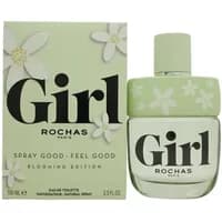 Rochas Girl Blooming Eau De Toilette 100ml, pale green bottle with floral design and matching box.