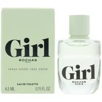 Clear glass bottle of Rochas Girl Eau De Toilette 4.5ml with green box, bold black text on both.