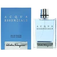 Clear glass bottle with silver cap, blue liquid, and "Acqua Essenziale" text, next to blue box with brand name.