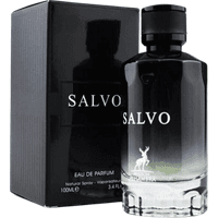 Salvo Maison Alhambra Eau de Parfum, 100ml, black gradient bottle with white logo, next to matching black box.