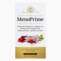 Solgar Menoprime box with gold logo, red and purple flowers, and text highlighting vegan and sugar-free features.