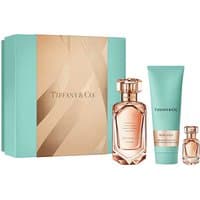 Tiffany & Co. Rose Gold perfume set with 75ml bottle, 100ml lotion, 5ml mini, in teal and rose gold packaging.