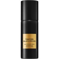 Black cylindrical Tom Ford body spray with gold label, 150 ml, unisex spicy fragrance.