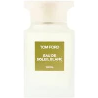 Transparent frosted bottle with white cap, gold label reading "Tom Ford Eau De Soleil Blanc 100ml."