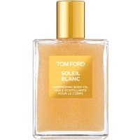 Tom Ford Soleil Blanc Shimmering Body Oil in a clear rectangular bottle with gold cap and label, 100 ml.