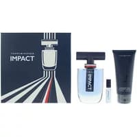 Tommy Hilfiger Impact gift set with blue perfume bottle, black cap, mini vial, and black body wash tube.