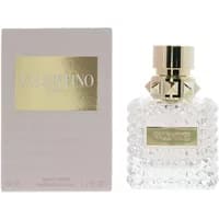 Valentino Donna Eau De Parfum 50ml with studded glass bottle and gold cap, next to matching gold-accented box.