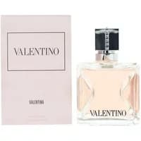 Valentino Valentina Eau De Parfum 100ml, clear square bottle with black cap, next to matching pink box.